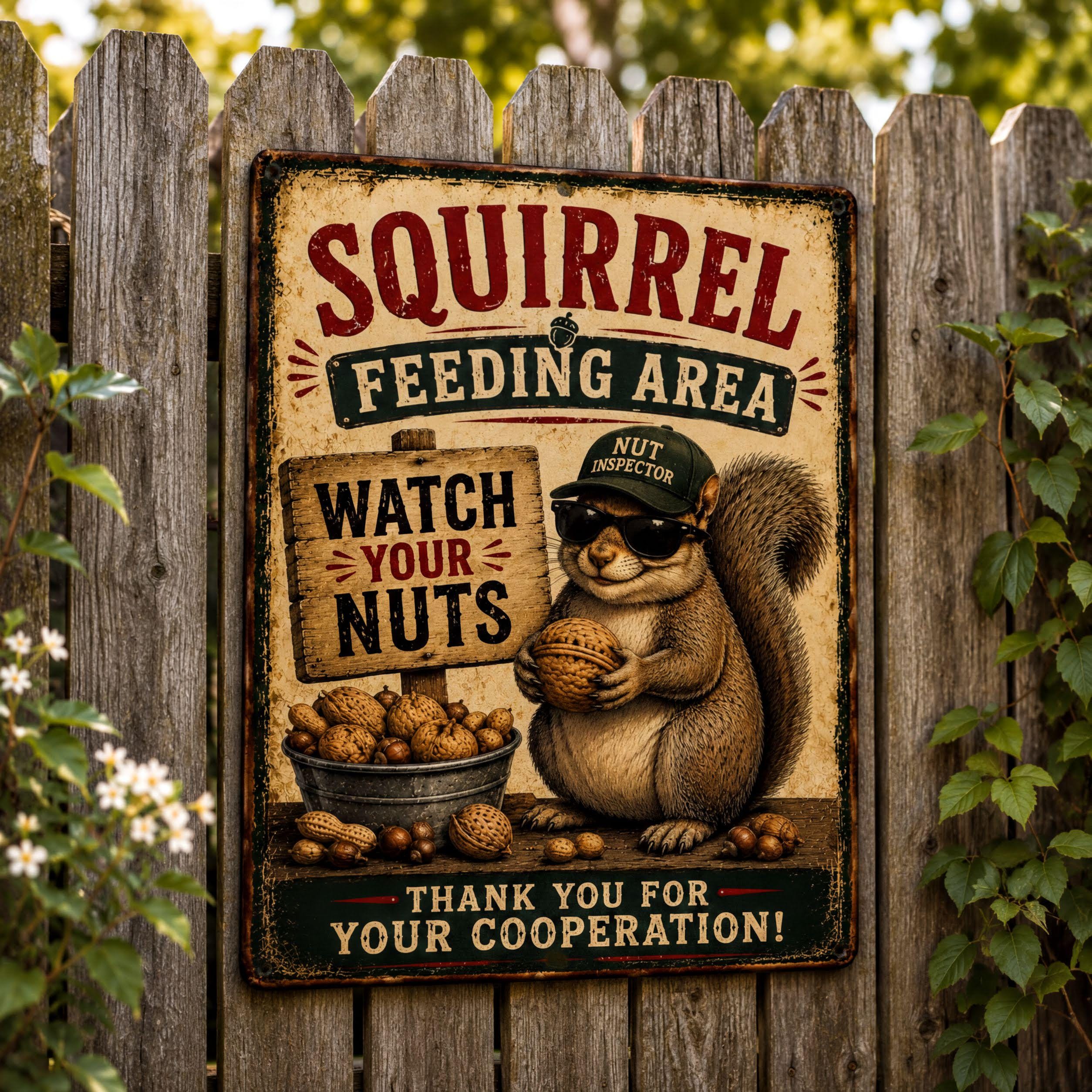 a sign with a cartoon squirrel holding a sign that says "Watch Your Nuts" and a bowl of nuts, with the text "Squirrel Feeding Area" and "Thank You For Your Cooperation!"