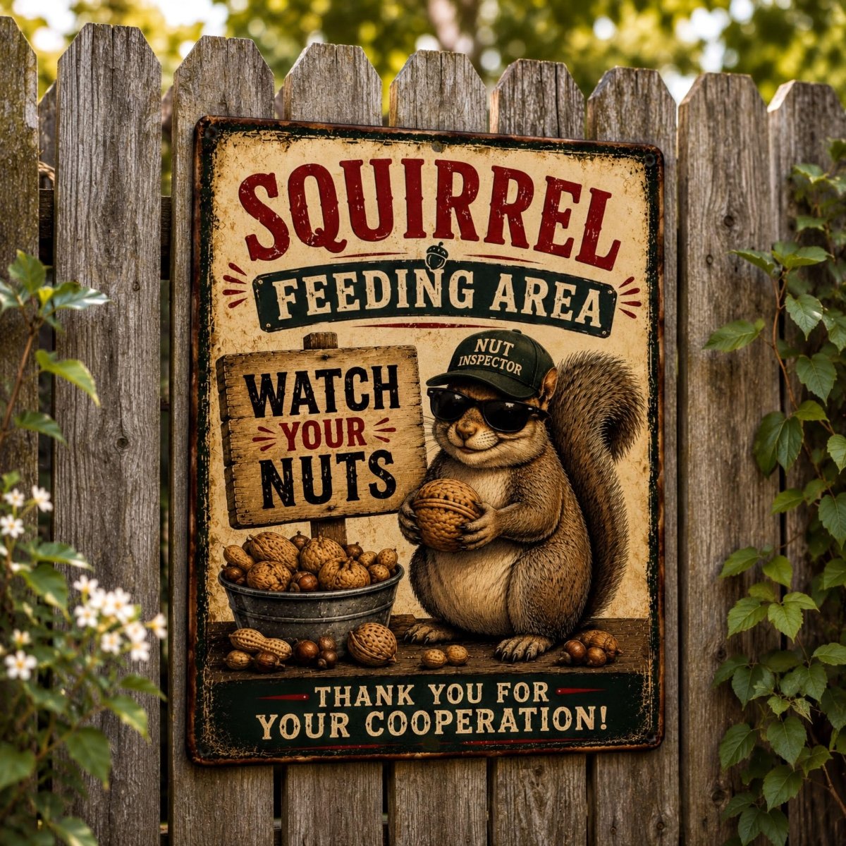 a sign with a cartoon squirrel holding a sign that says "Watch Your Nuts" and a bowl of nuts, with the text "Squirrel Feeding Area" and "Thank You For Your Cooperation!"