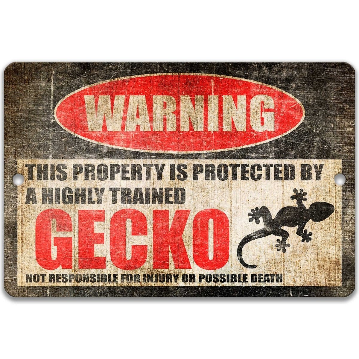 Gecko warning metal sign, gecko silhouette beside bold red WARNING lettering, 'not responsible for injury or possible death'