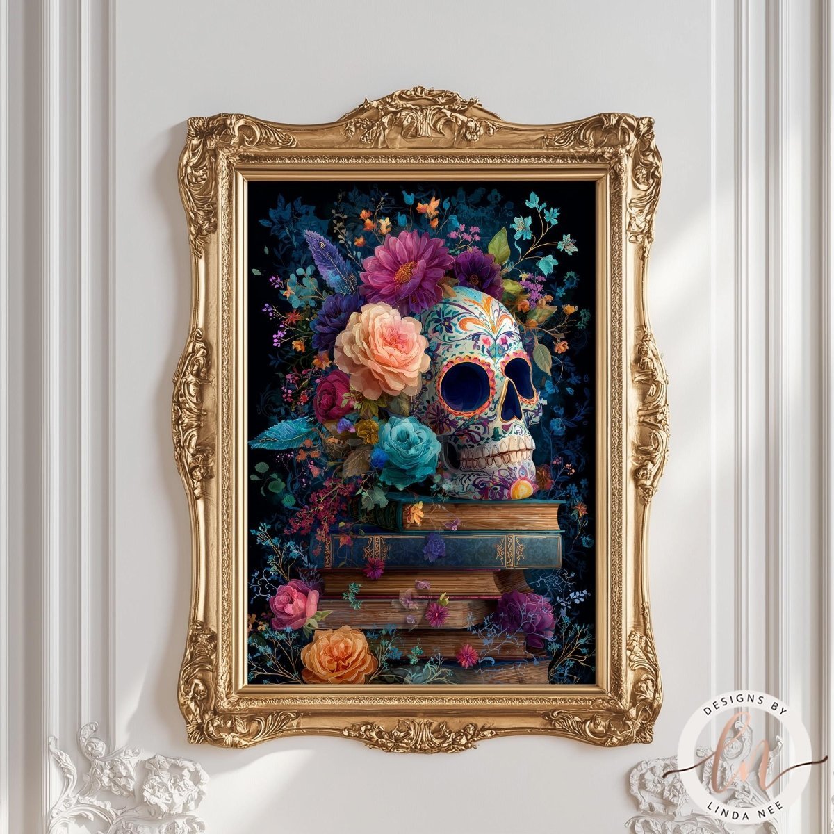 a framed artwork depicting a skull surrounded by a vibrant array of colorful flowers and foliage, with a stack of books beneath it.