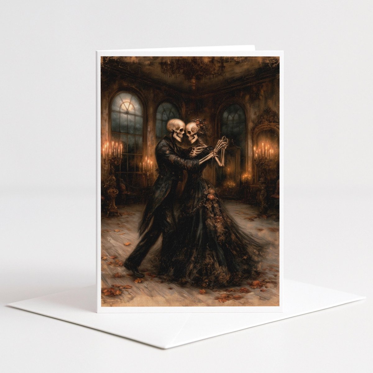 Skeleton couple dancing in a candlelit gothic ballroom with chandeliers, Halloween note card art