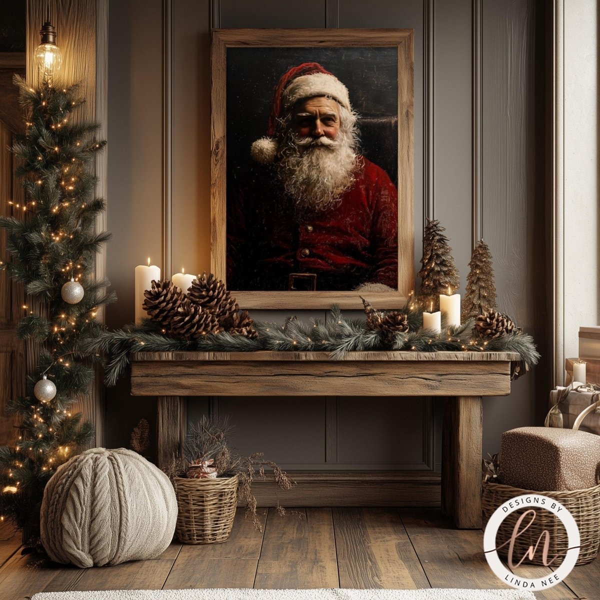 Santa Claus portrait print on a table styled with pine cones, candles and a tree