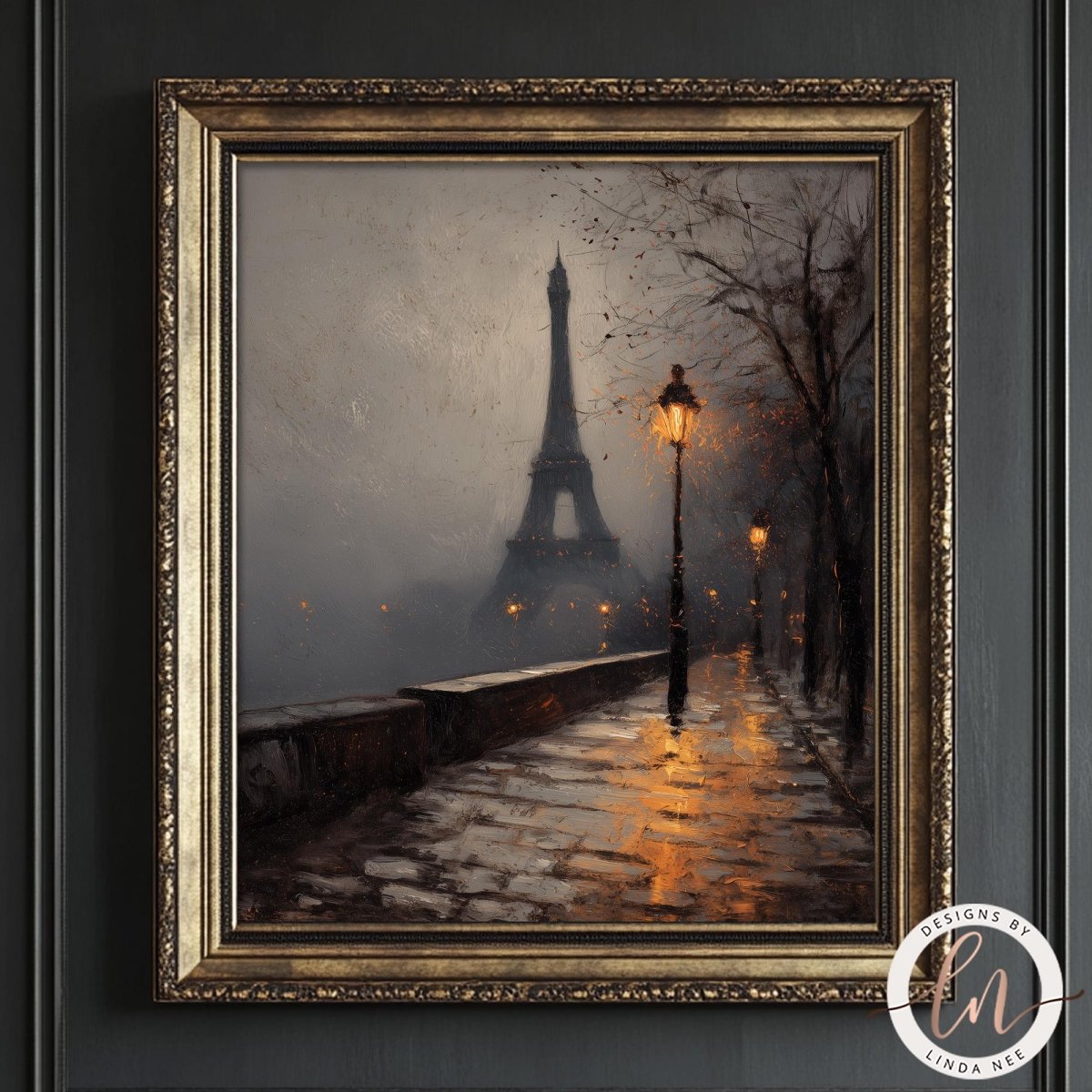 The image is a painting of a rainy night scene with the Eiffel Tower in the background, framed in an ornate gold frame.