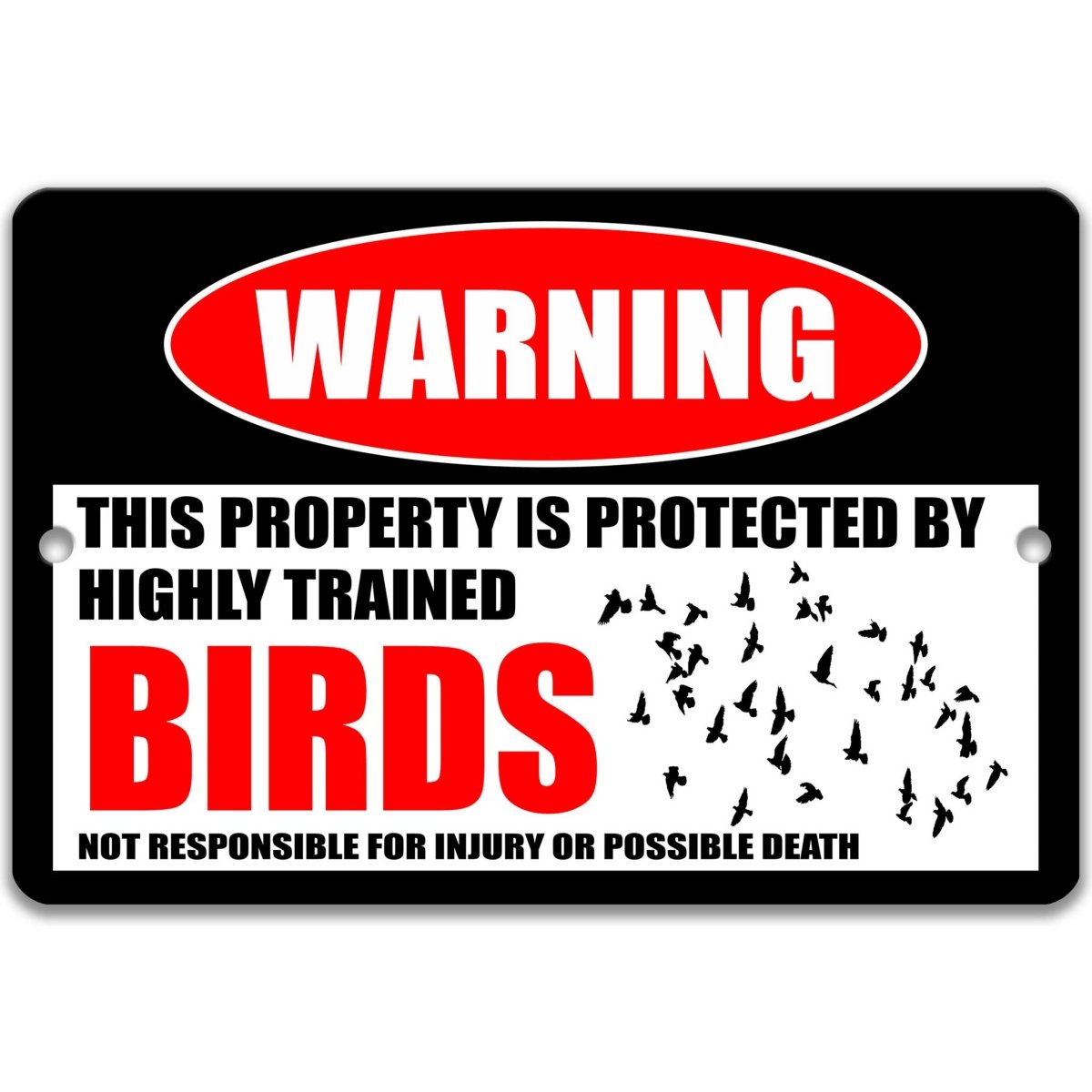 Birds warning metal sign on glossy black, red WARNING oval and flock of birds in flight