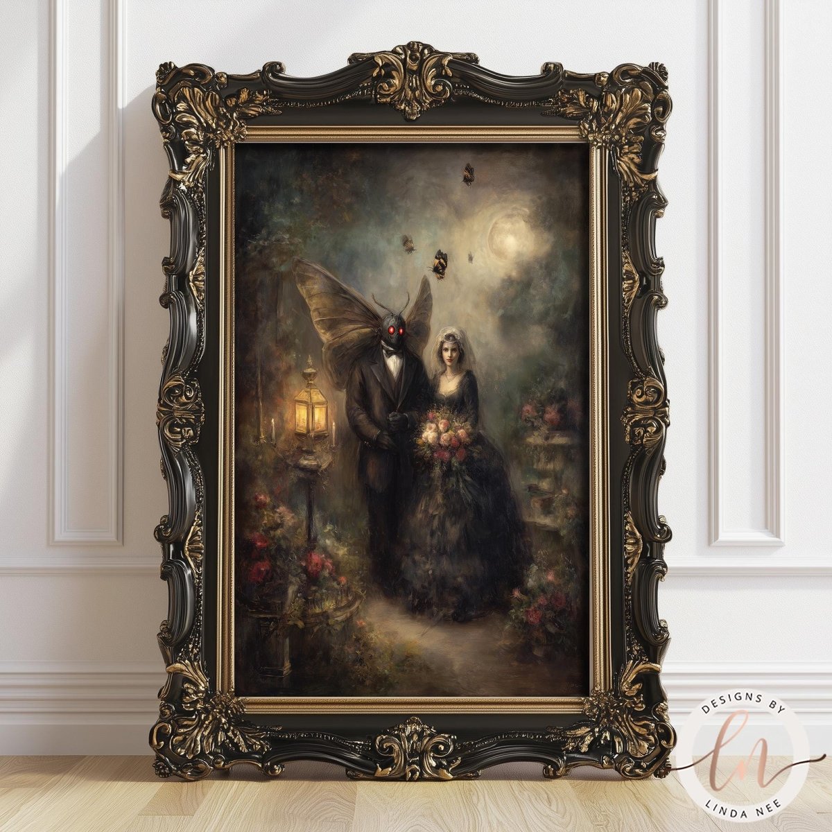 The image is a painting of a bride and Mothman standing in a garden, with a winged creature, possibly a fairy or dragon, hovering above them. The painting is framed in an ornate, gilded frame and is displayed on a white wall.