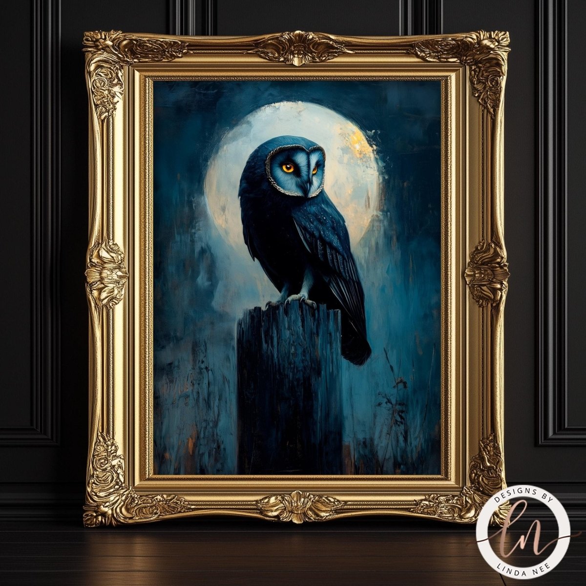 Black owl perched on a wooden stump against a dark blue night sky