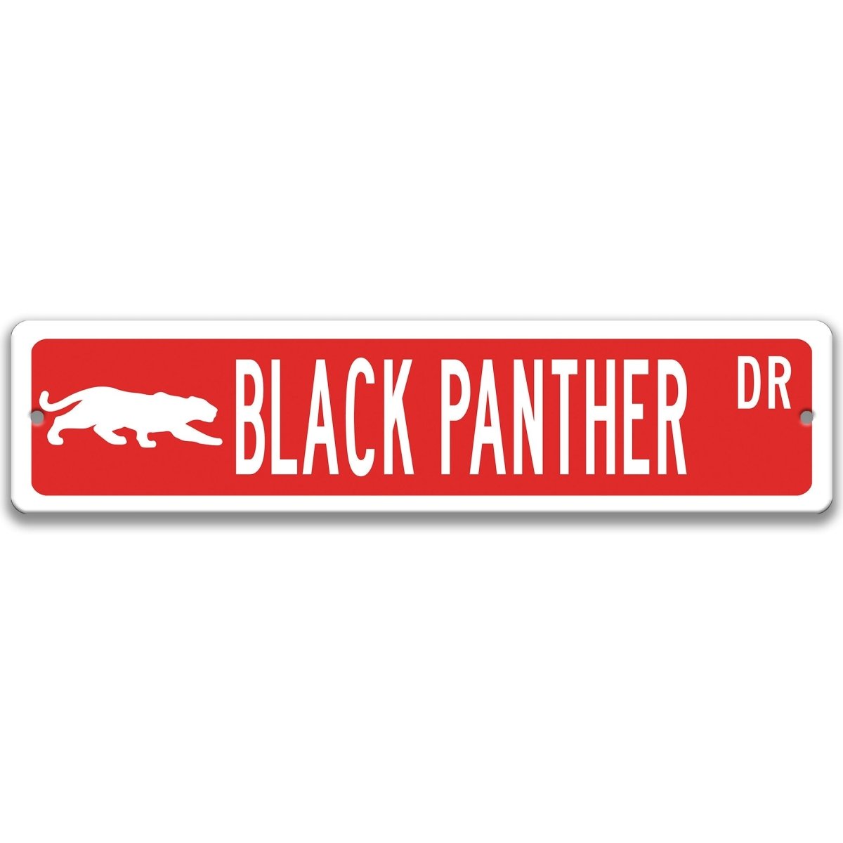 Black Panther metal street sign with a red background reading BLACK PANTHER DR with a prowling panther silhouette