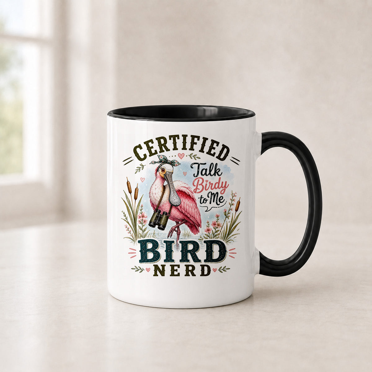 Talk Birdy to Me spoonbill mug in the 11 oz black handle version with a black interior, on a light counter