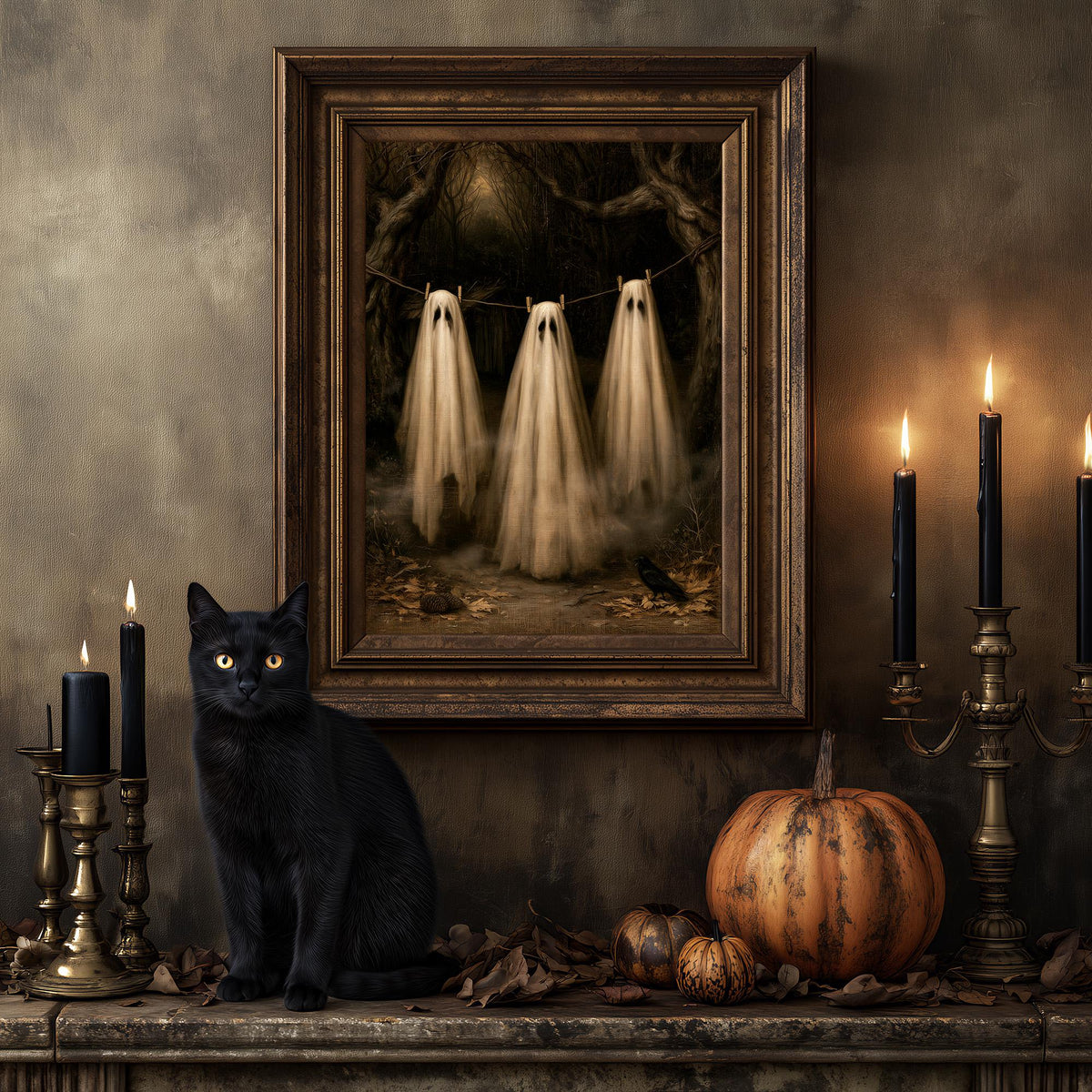 Black cat on a mantel beneath the three ghosts print, with a candle and a pumpkin