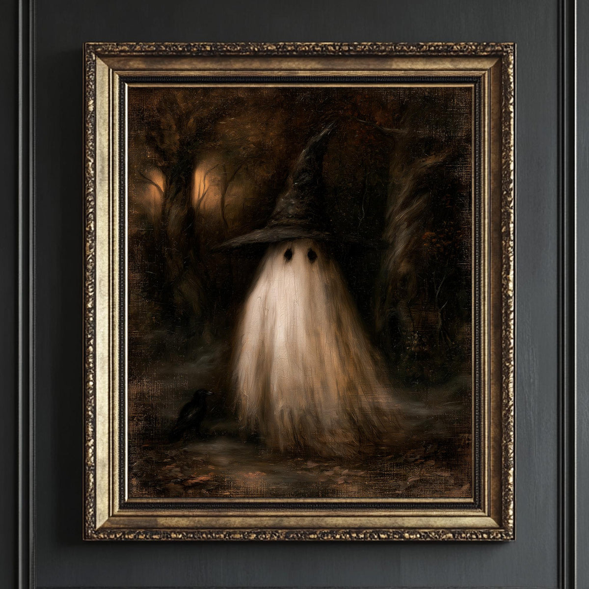 Close view of the crooked witch hat and the softly lit ghost in the forest