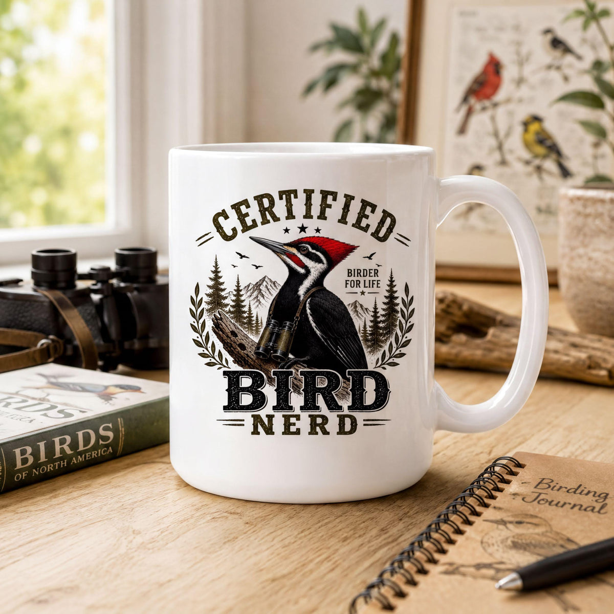 Certified Bird Nerd mug on a wooden desk with binoculars, a Birds of North America guide and a birding journal