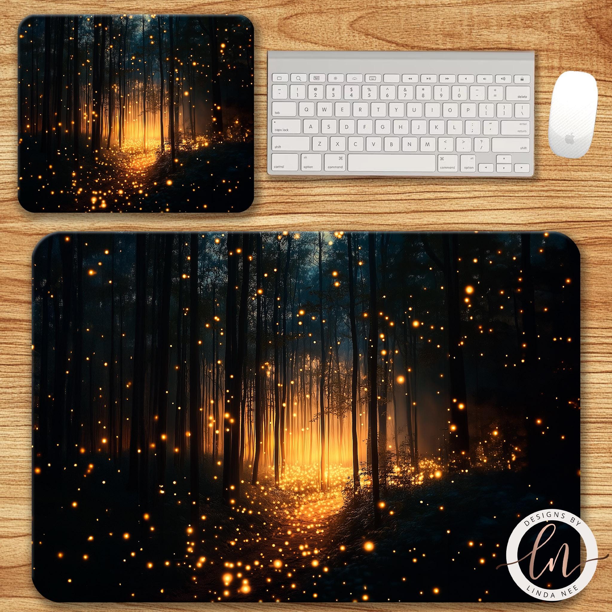 Fireflies Desk Mat - Gothic Fantasy Magical Forest MousepadDesigns by Linda Nee