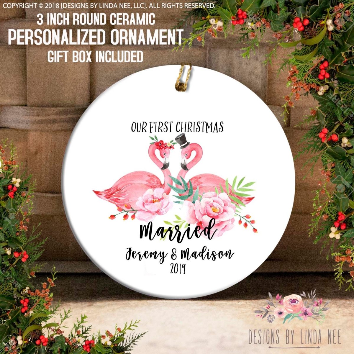 a white ceramic ornament with a floral design and text, hanging on a wooden surface.