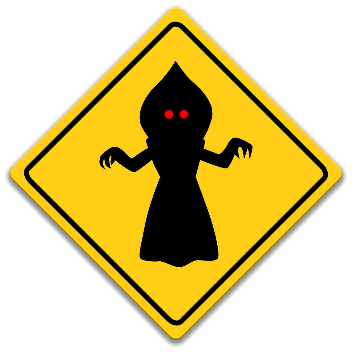 Flatwoods Monster crossing caution sign, yellow diamond shape, bold black Flatwoods Monster silhouette