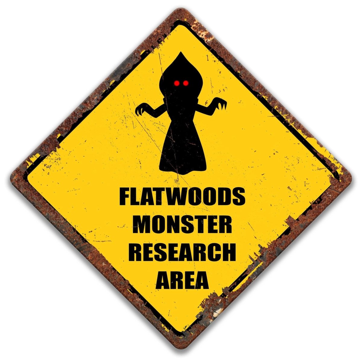 a warning sign with a silhouette of a monster and the text "Flatwoods Monster Research Area" on it.