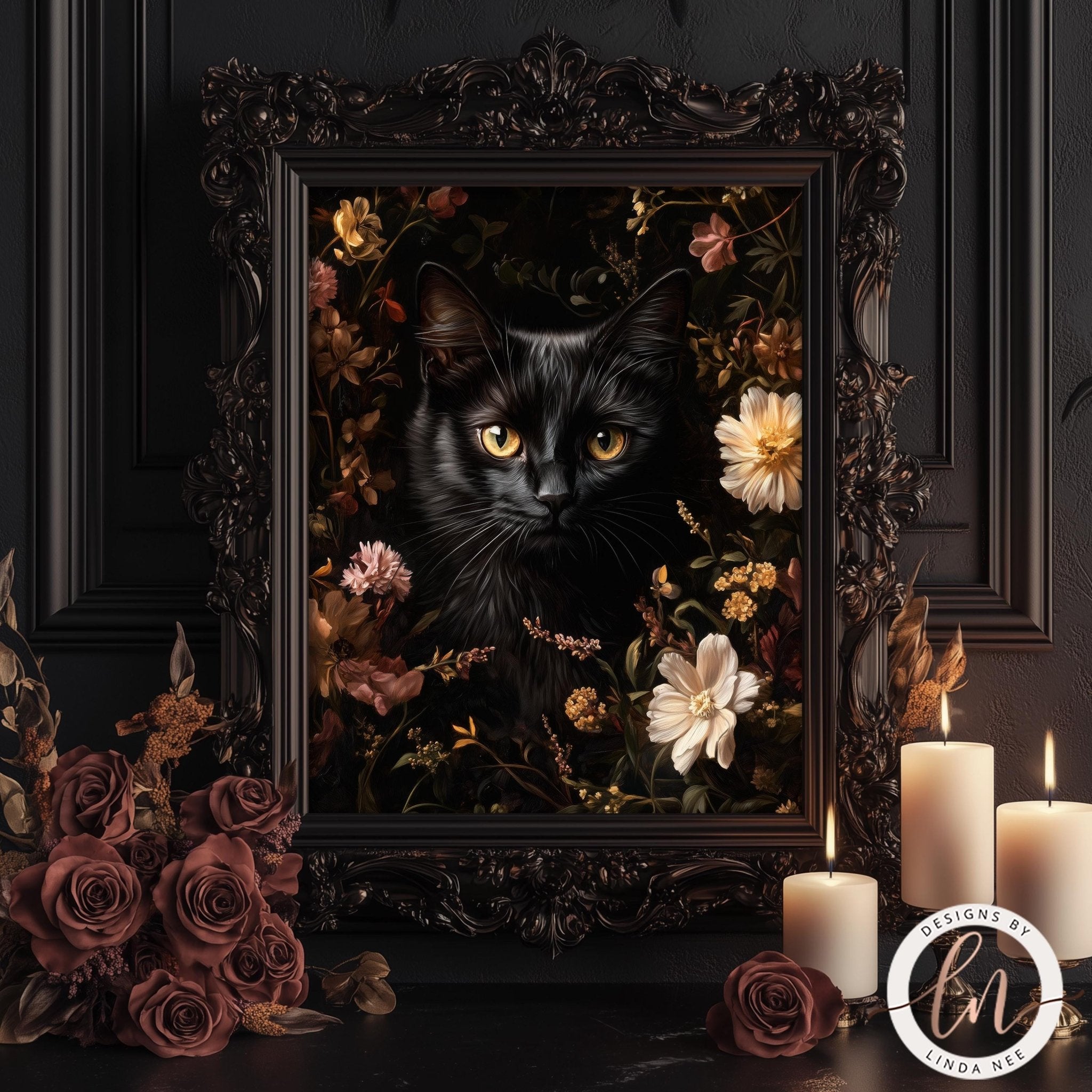 Floral Black Cat Metal Art Print Gothic Home Decor