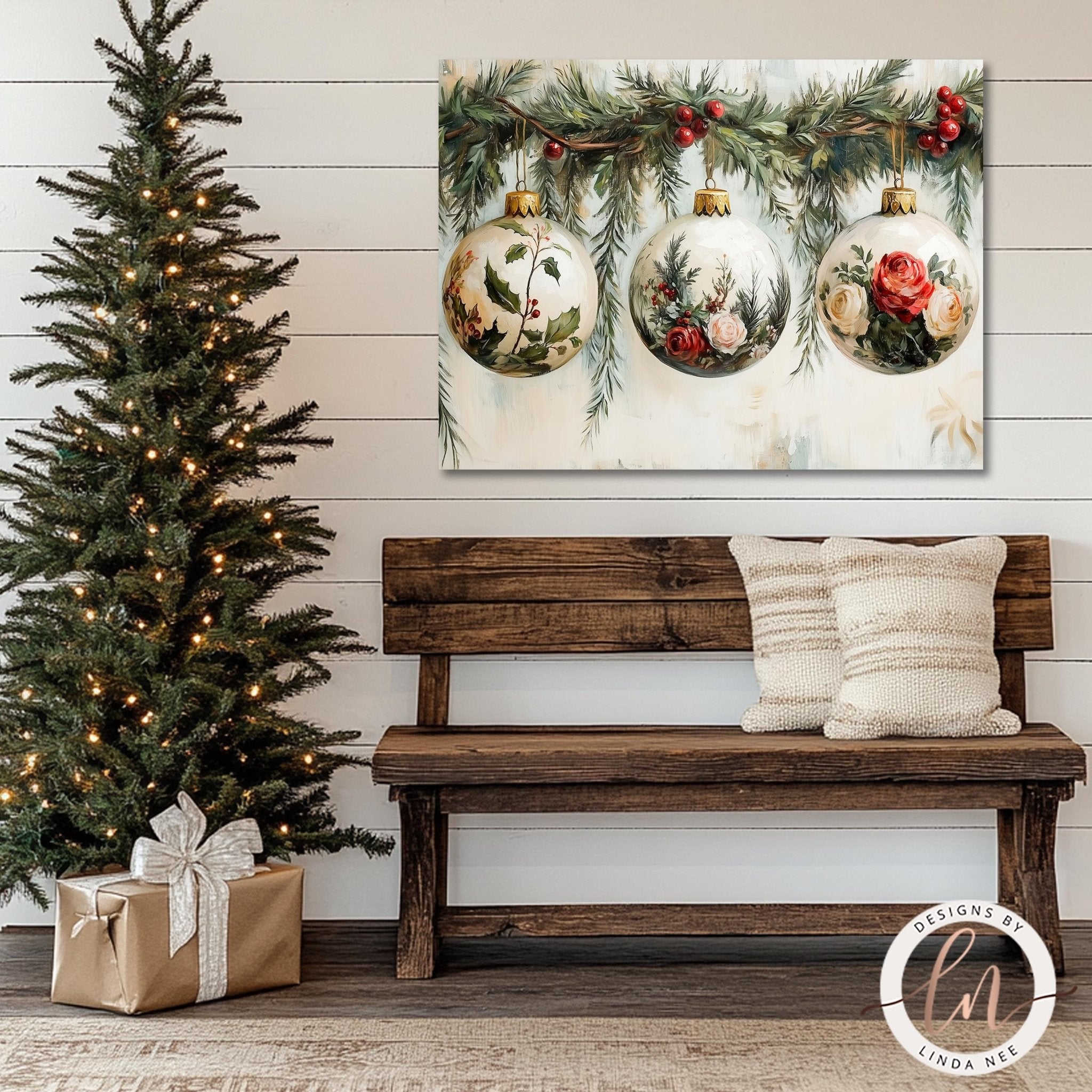 Floral Christmas Ornament Wall Art - Elegant Holiday Decor