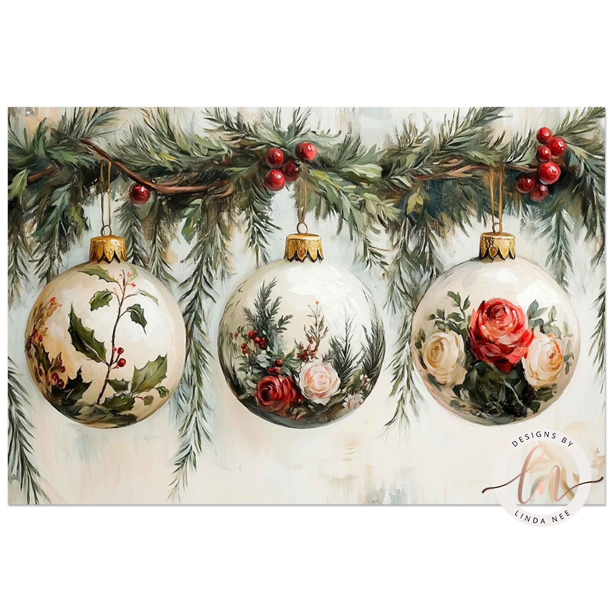 Floral Christmas Ornament Wall Art - Elegant Holiday Decor