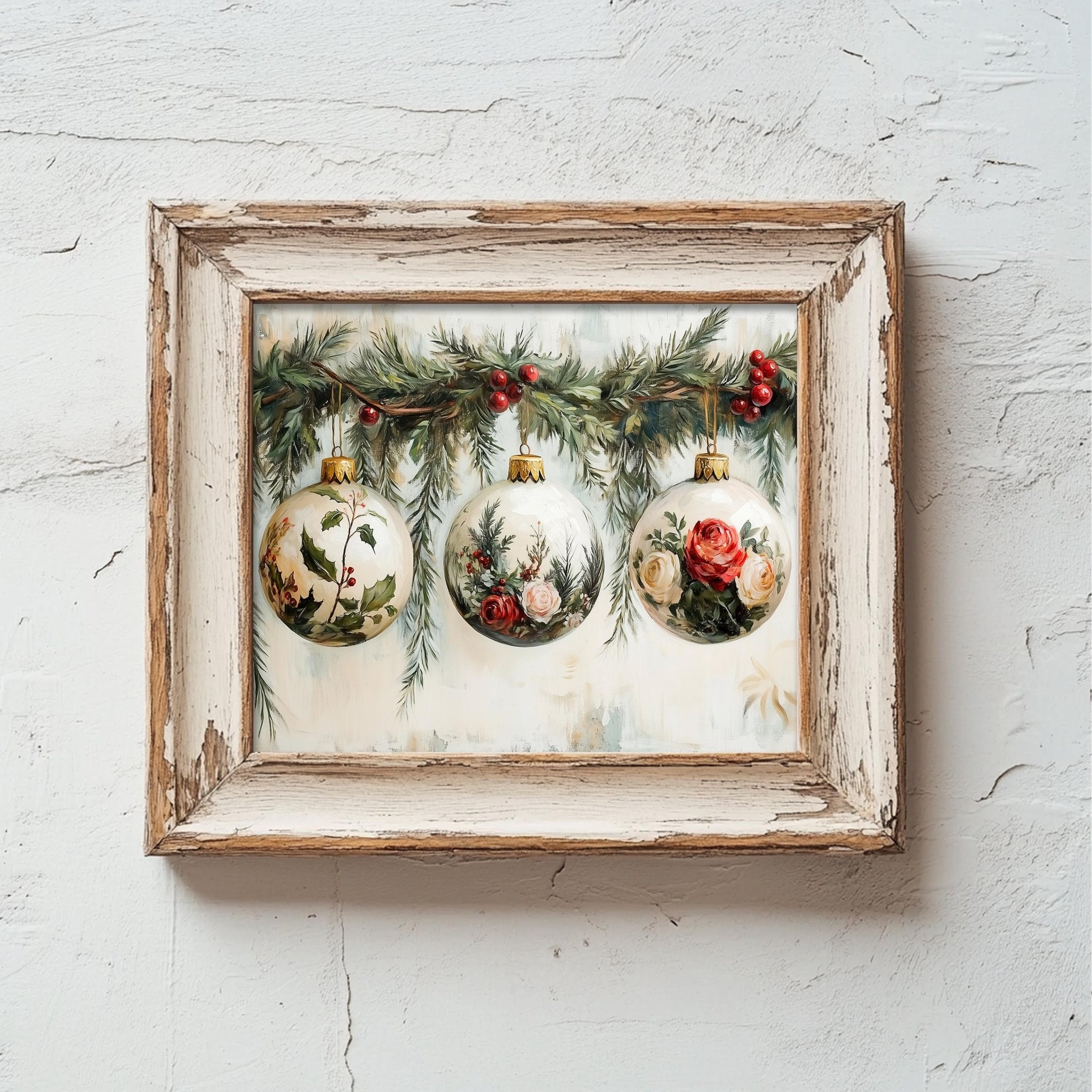 Floral Christmas Ornament Wall Art - Elegant Holiday Decor