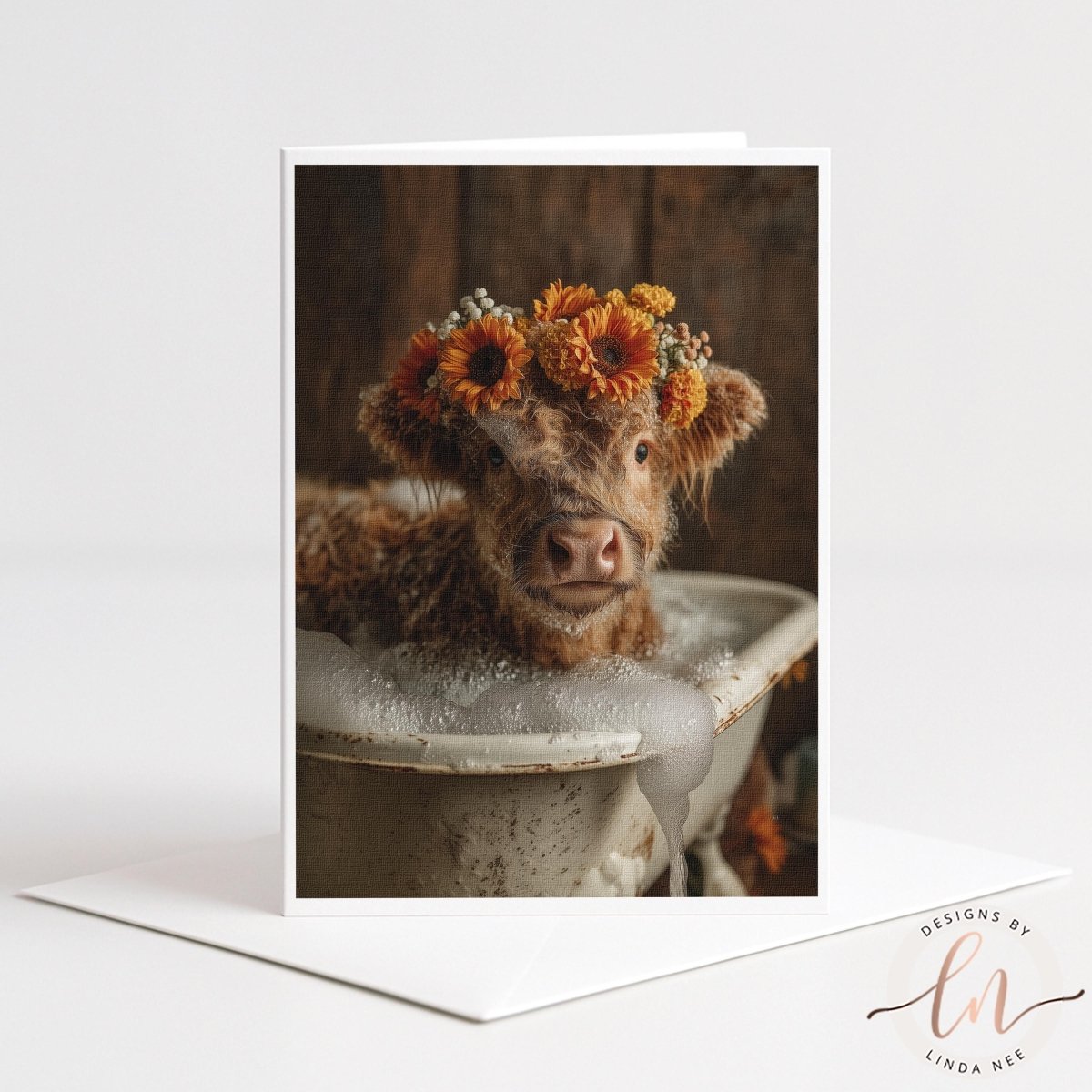 A cow wearing a flower crown is sitting in a bathtub filled with bubbles, creating a whimsical and charming scene.