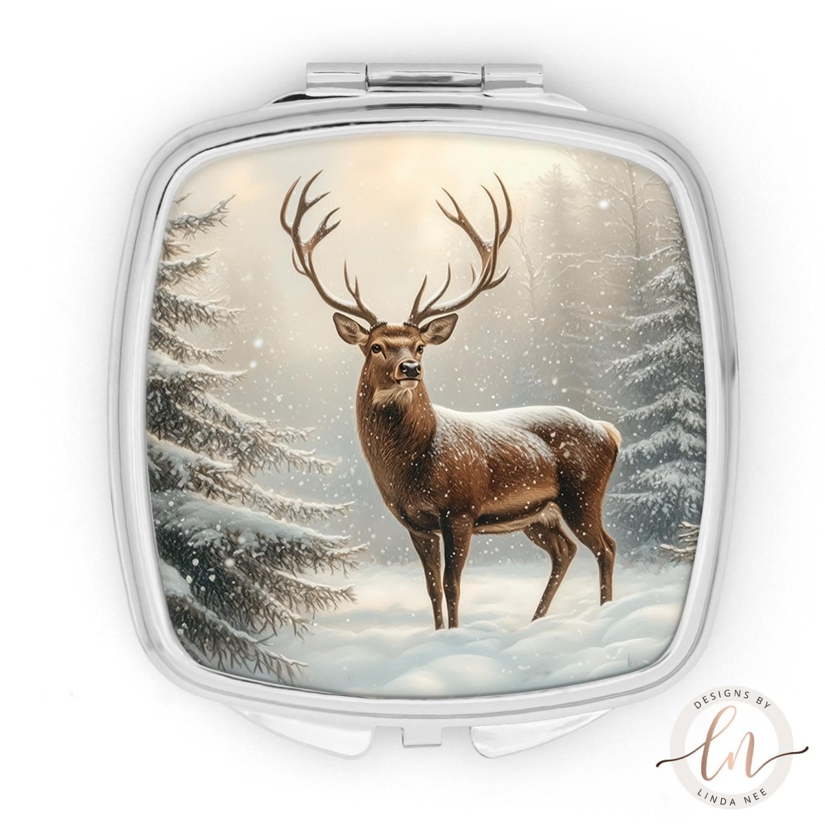 A deer standing in a snowy forest with pine trees and falling snowflakes in the background.