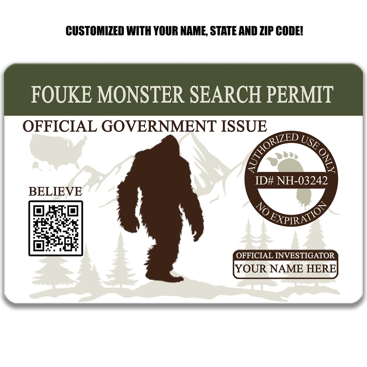 The image is a custom-made monster search permit, featuring a silhouette of a large, furry creature against a mountain landscape.