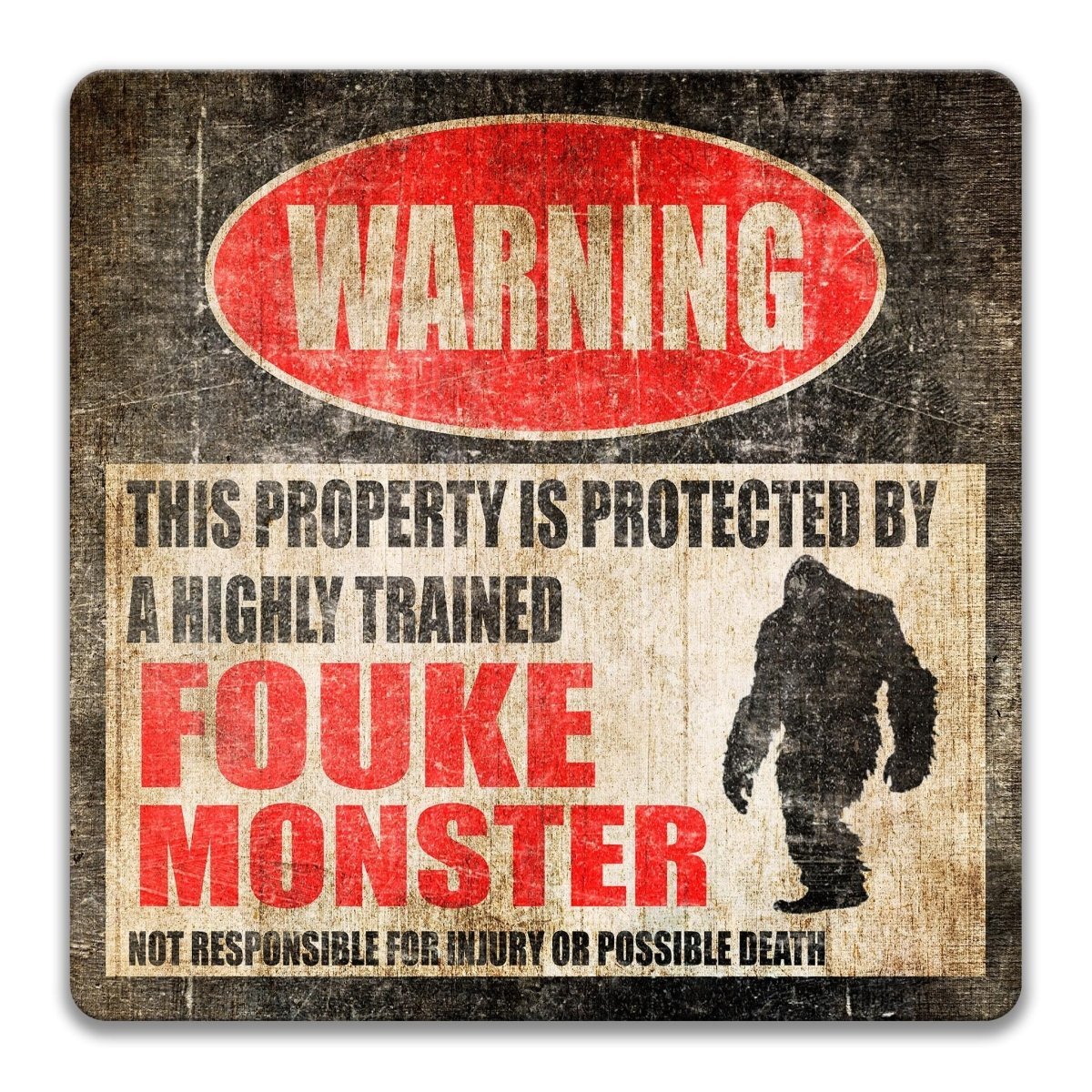 Square Fouke Monster warning metal sign, black background with red WARNING banner and hairy Fouke Monster silhouette