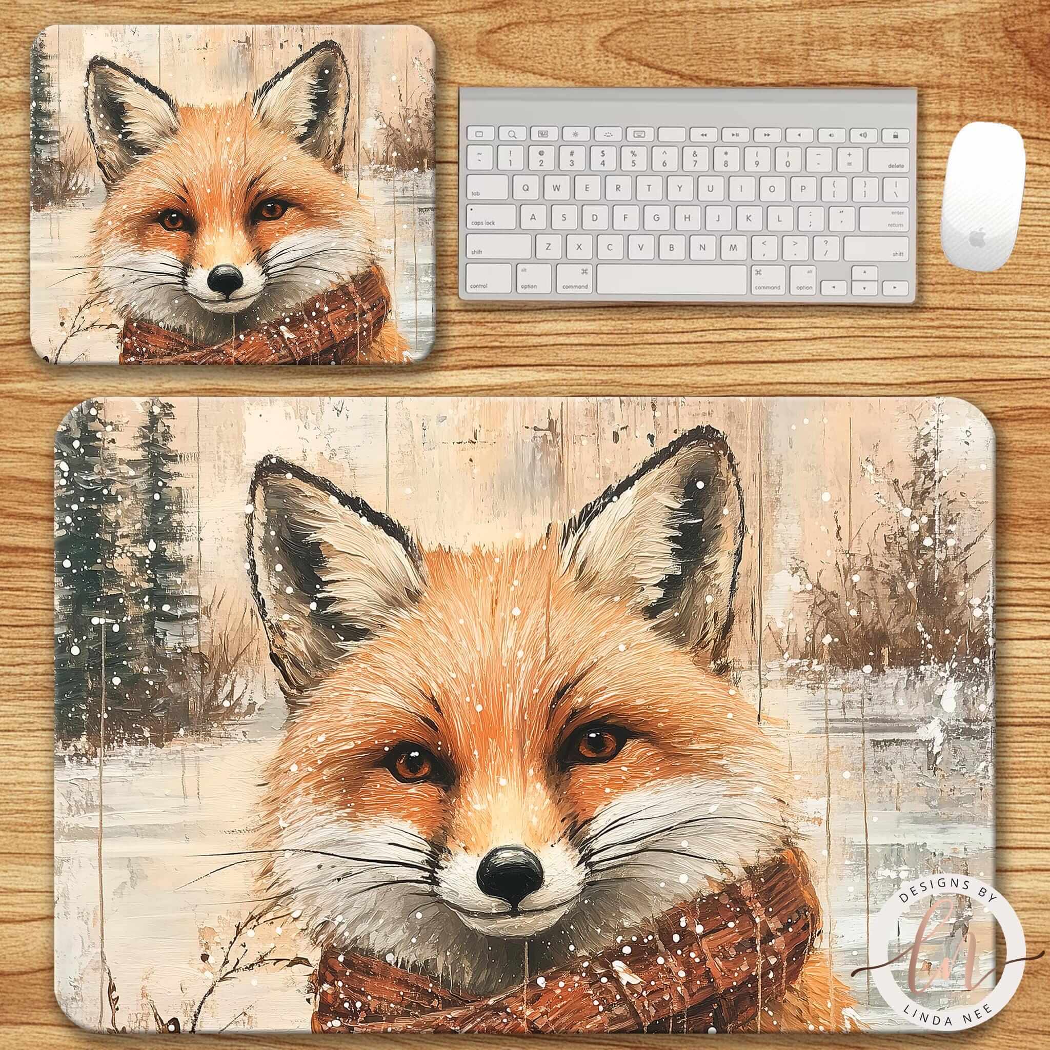 Fox Mousepad - Winter Forest Desk Mat Cottagecore Decor