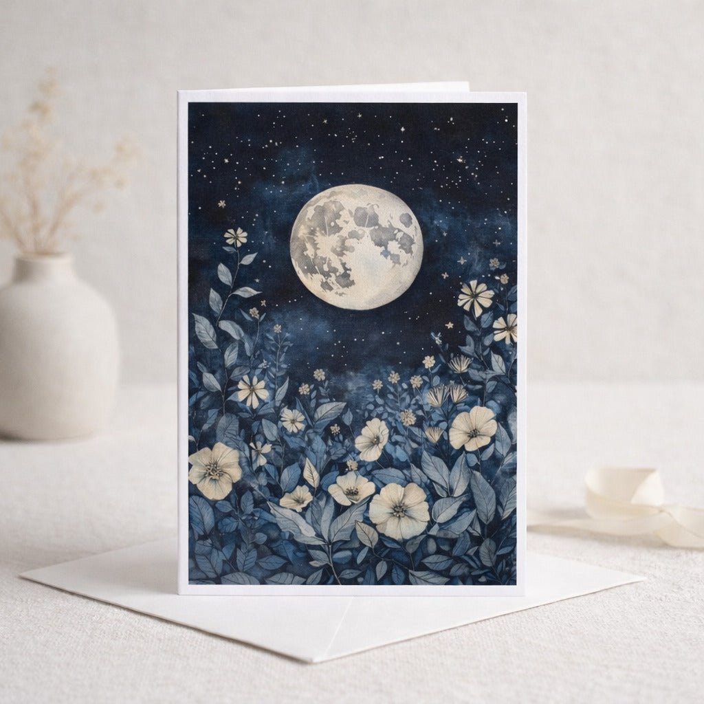 a card with a night scene depicting a full moon surrounded by flowers and plants.