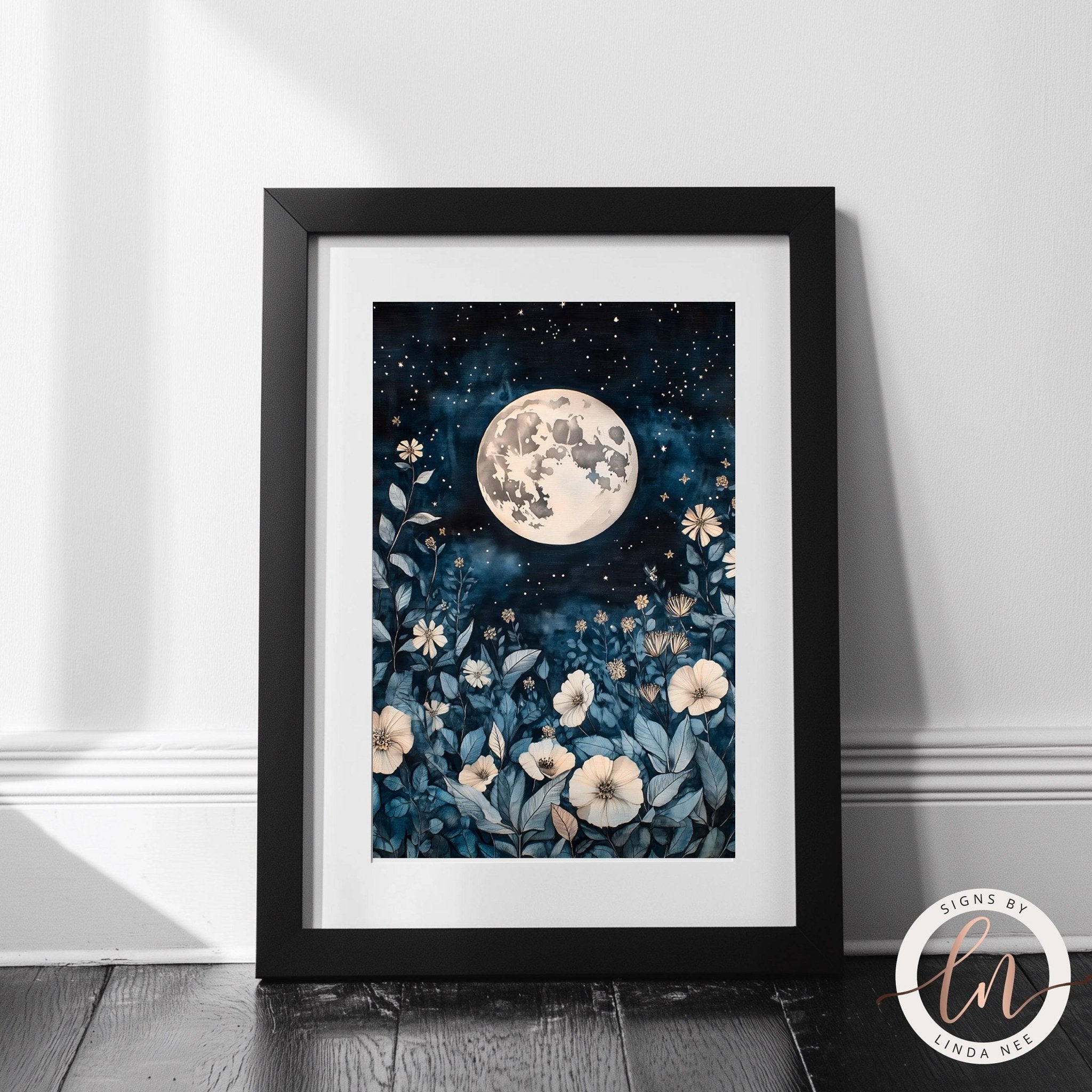 Full Moon Celestial Botanical Wall Art - Metal or Paper