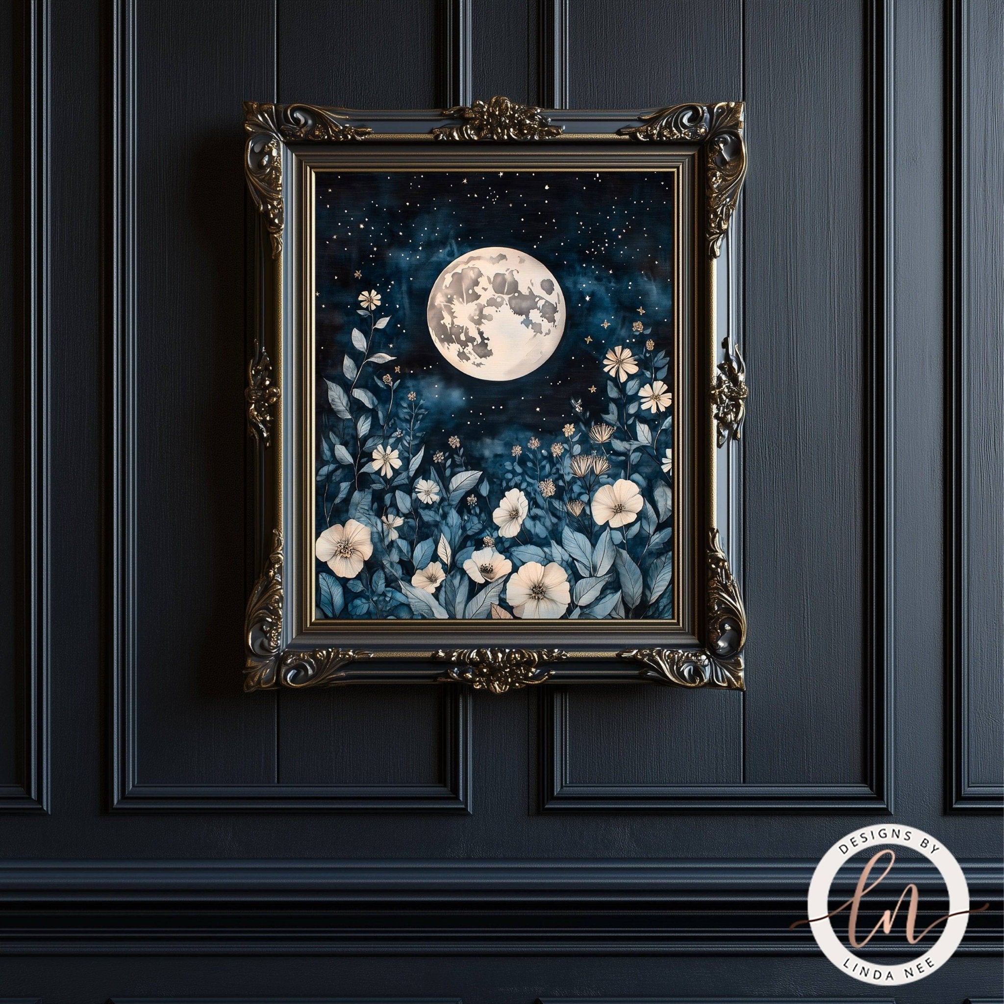 Full Moon Celestial Botanical Wall Art - Metal or Paper