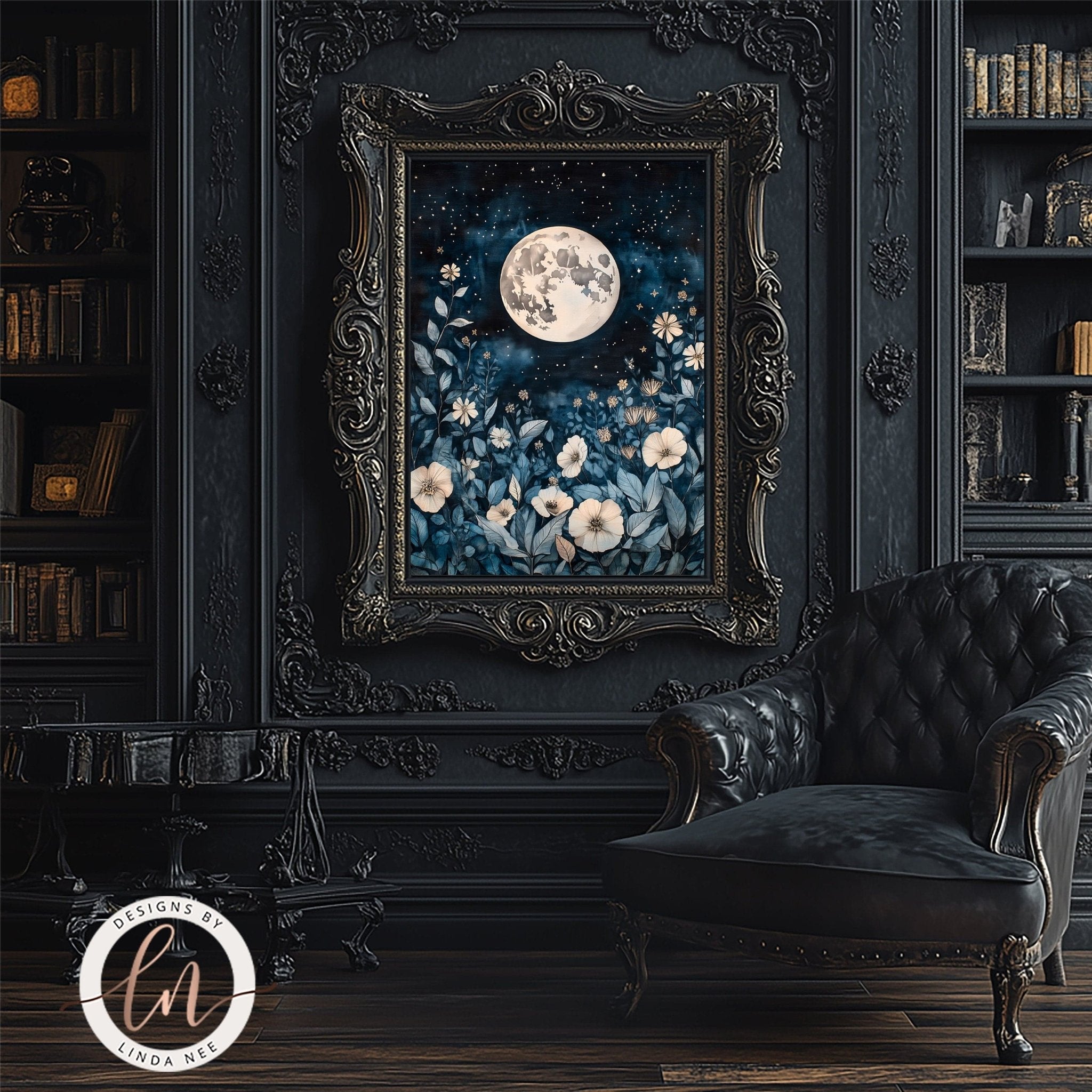 Full Moon Celestial Botanical Wall Art - Metal or Paper