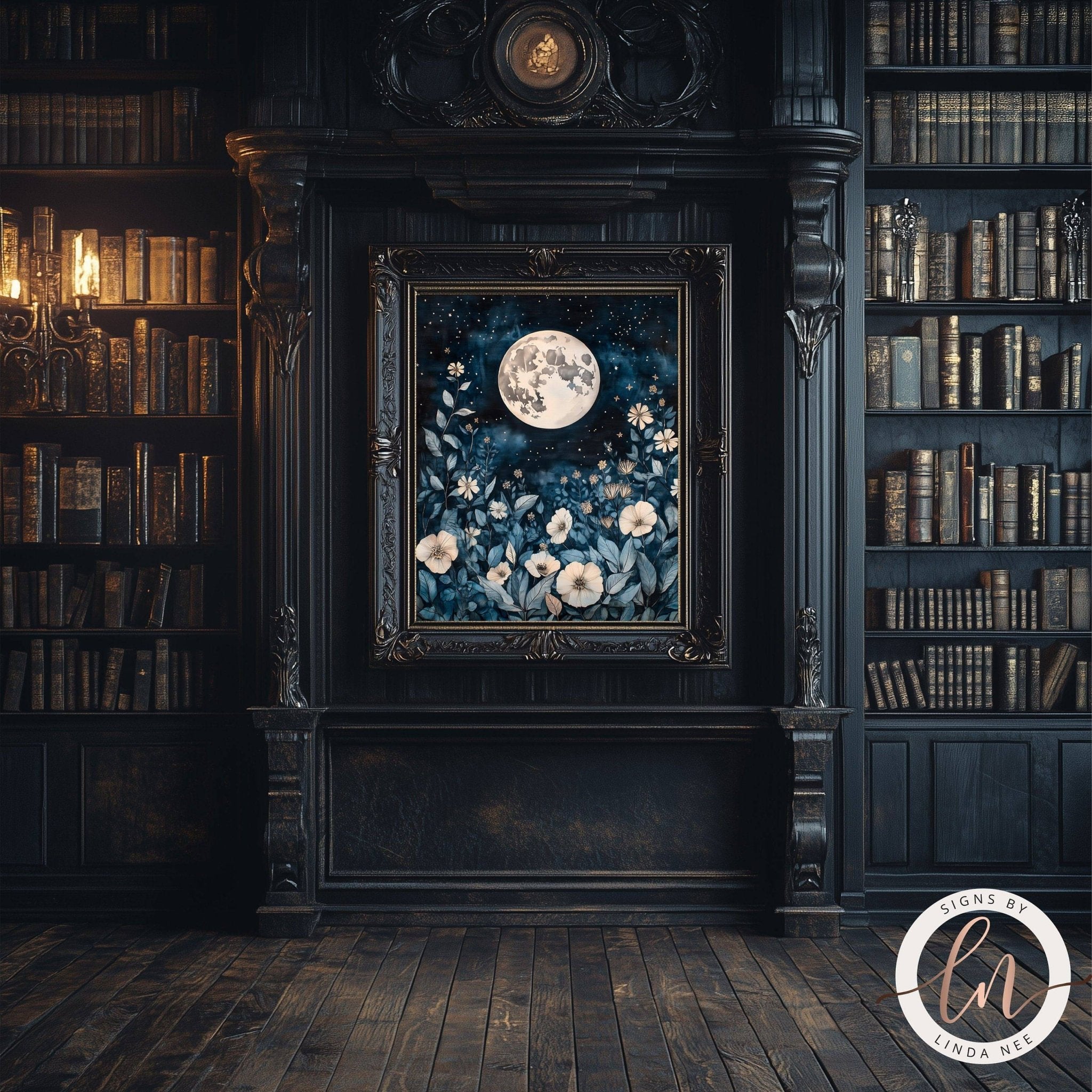 Full Moon Celestial Botanical Wall Art - Metal or Paper