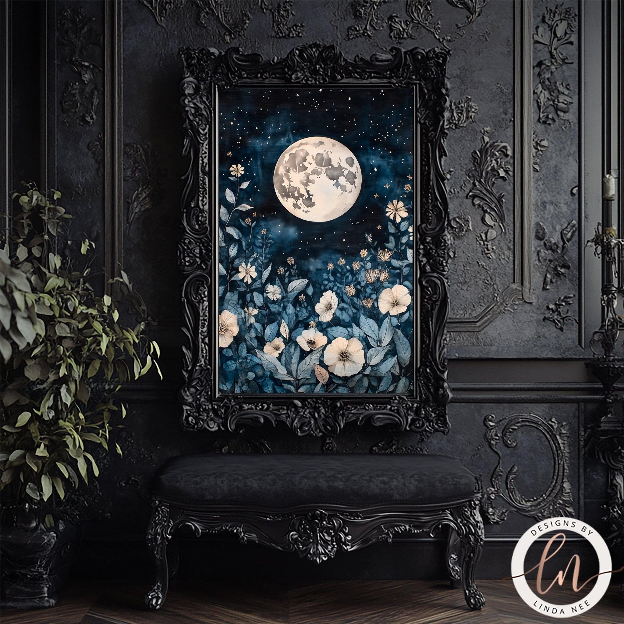 Full Moon Celestial Botanical Wall Art - Metal or Paper