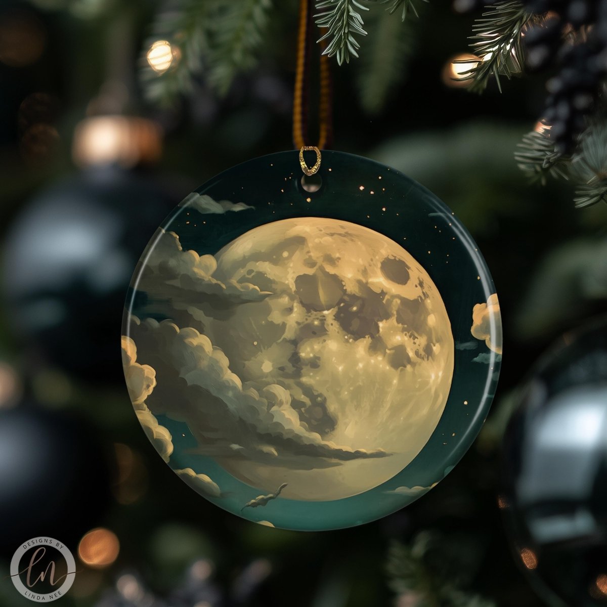 Full moon night sky ornament hanging on Christmas tree, celestial winter décor with clouds and stars