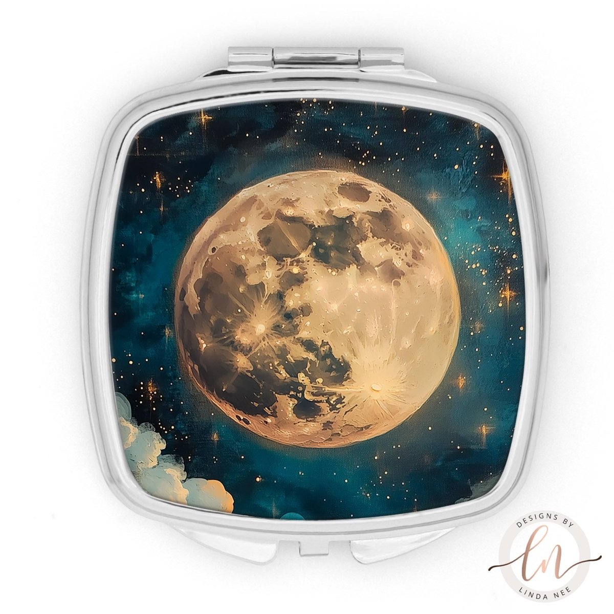a large, detailed, and colorful depiction of a moon against a starry night sky background.