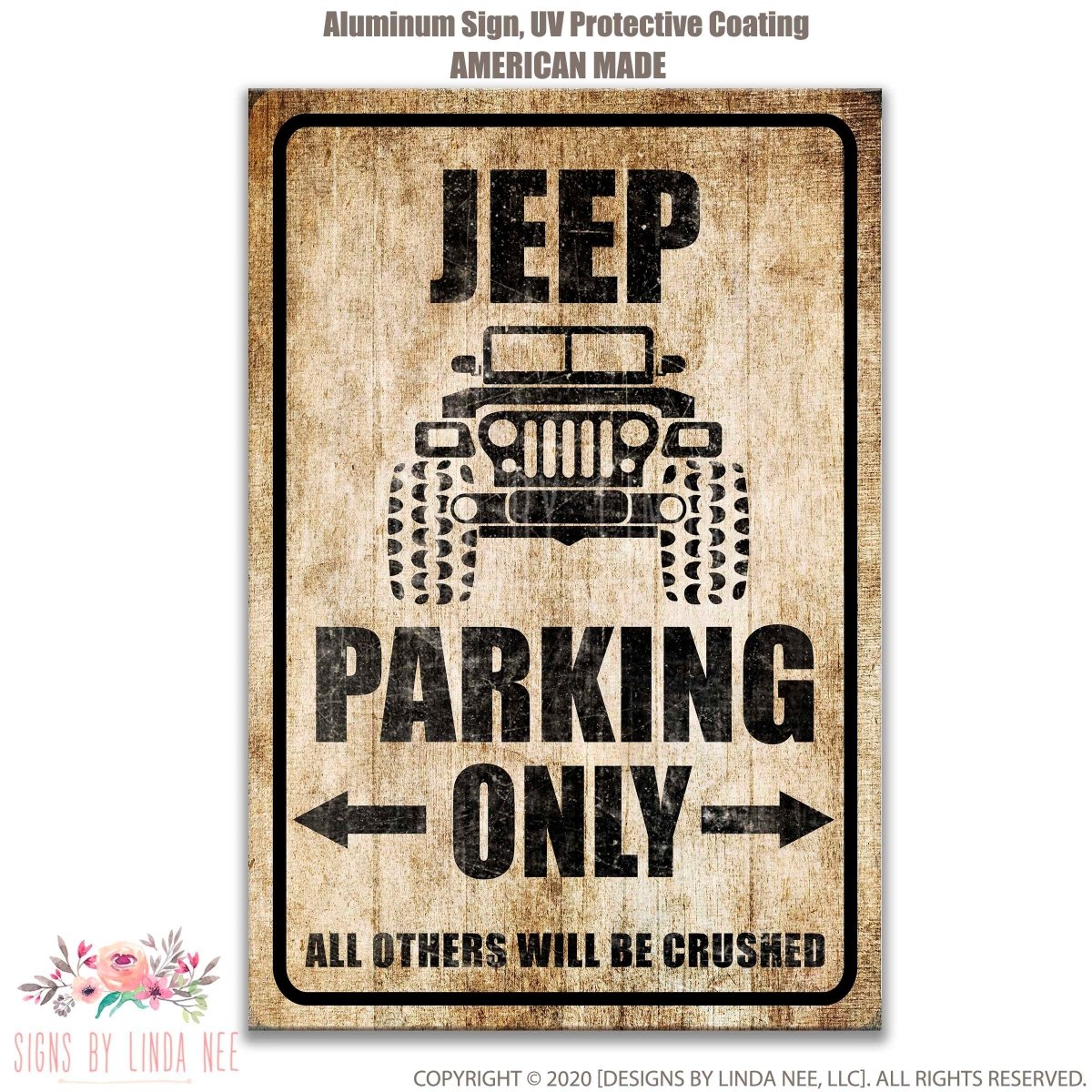 The image is a weathered wooden sign with a black and white illustration of a Jeep, indicating that parking is allowed only for this vehicle.