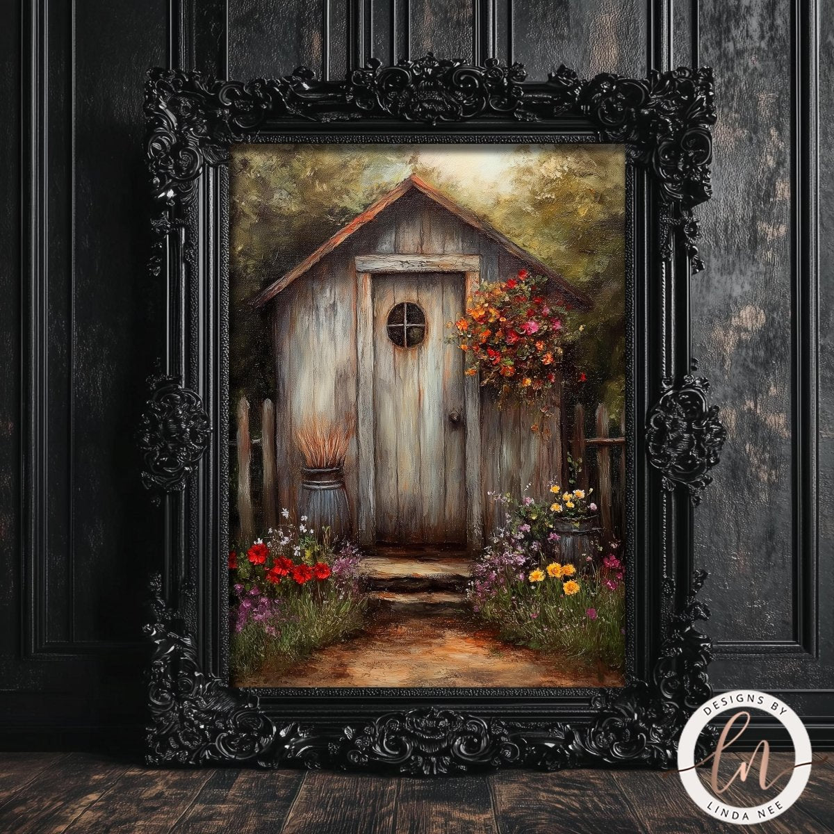 a rustic wooden shed with a flower-filled window, surrounded by a lush garden with colorful flowers and plants.