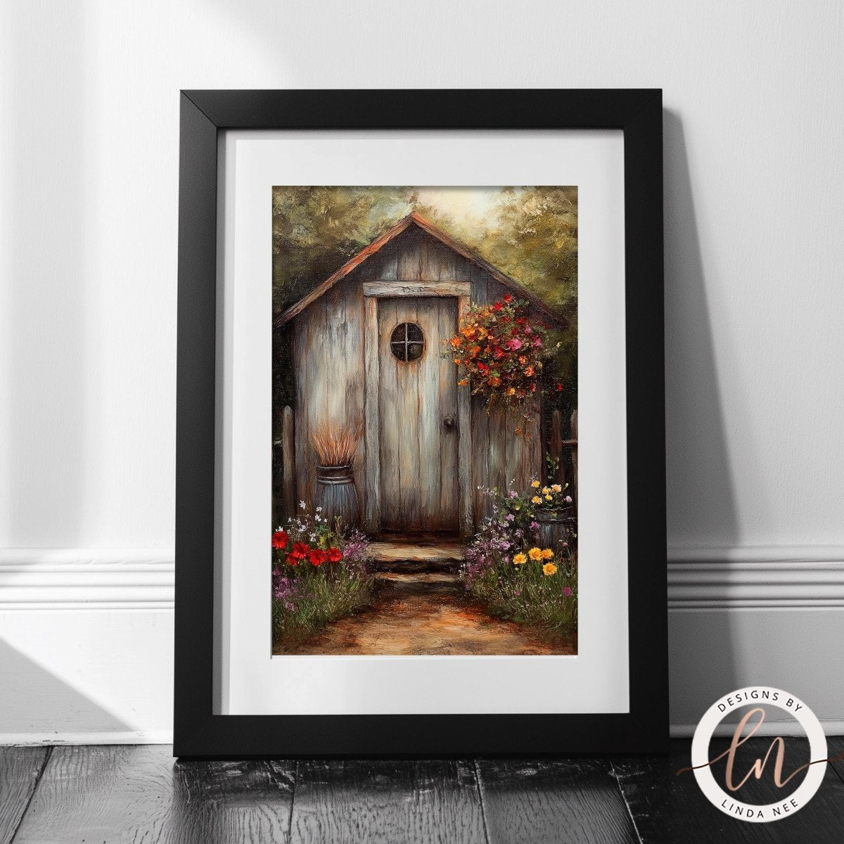 A framed painting depicting a rustic wooden shed surrounded by a vibrant garden filled with colorful flowers and plants.