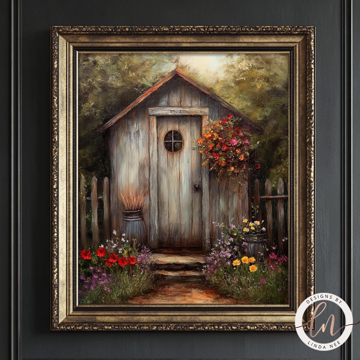 a quaint wooden shed nestled in a lush garden, surrounded by vibrant flowers and greenery.