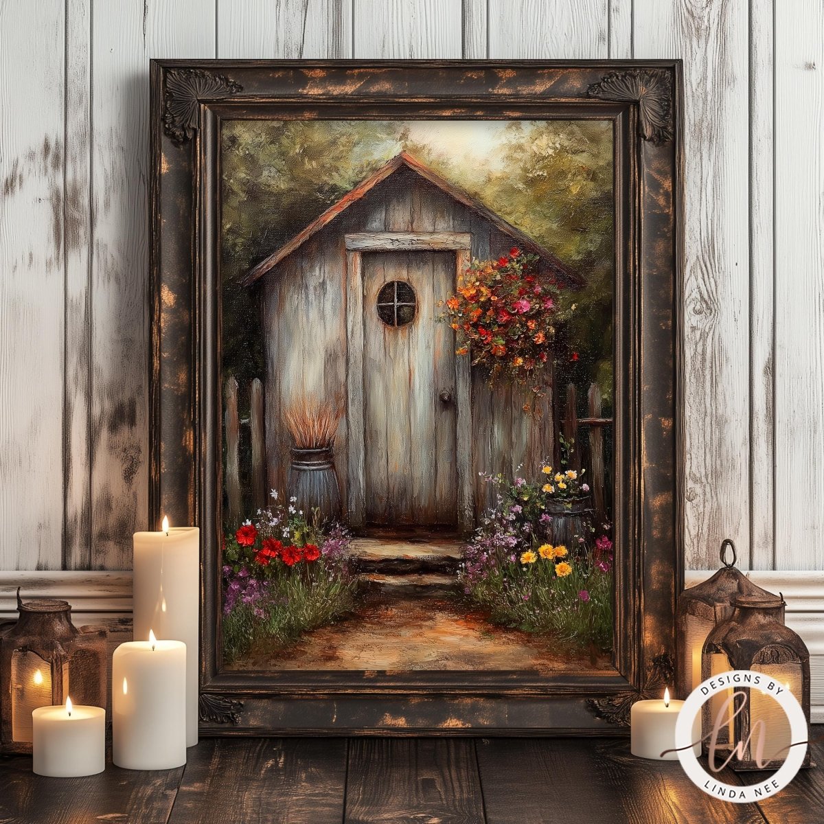 a painting of a quaint wooden cabin surrounded by a vibrant garden, with a path leading up to the door. The painting is displayed in a rustic wooden frame, and there are lit candles and lanterns in the foreground, creating a warm and inviting atmosphere.