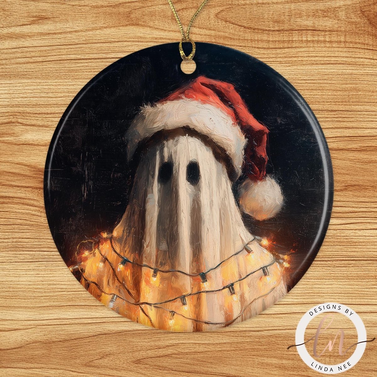 A ghost wearing a Santa hat is illuminated by Christmas lights, creating a festive and whimsical scene.