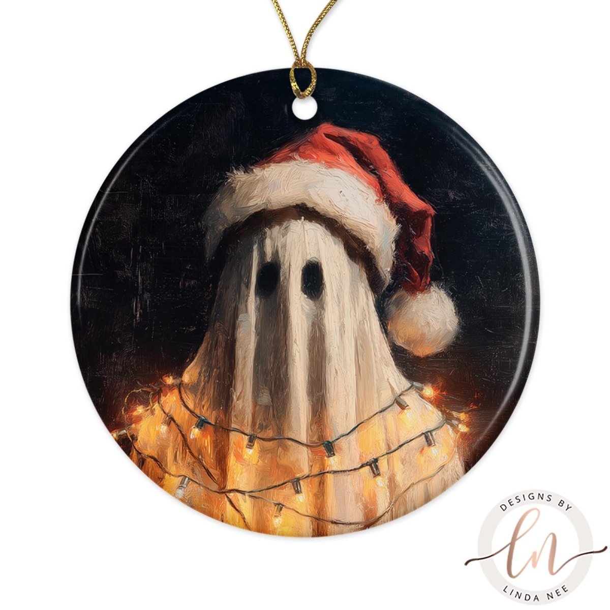 A ghost wearing a Santa hat is illuminated by Christmas lights, creating a festive and whimsical scene.