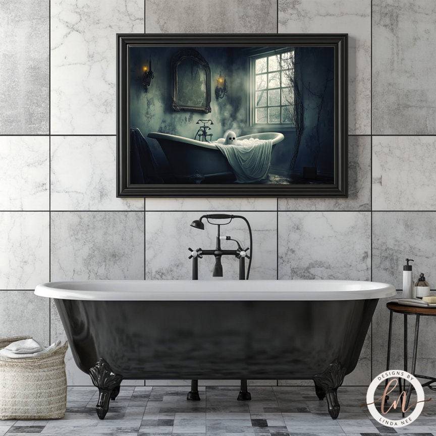 A black claw-foot bathtub sits in a dimly lit bathroom, with a framed painting of a ghostly figure resting on the edge of the tub.