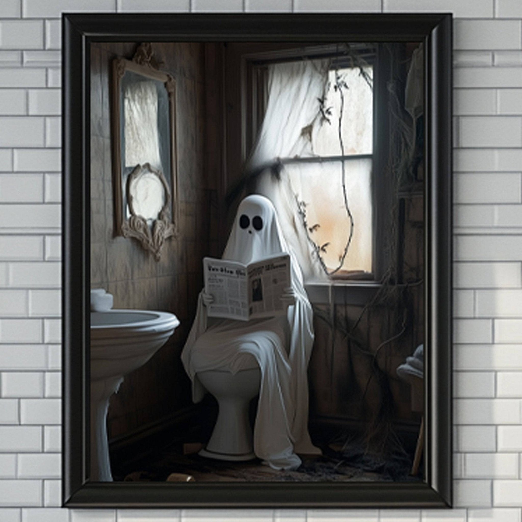 A ghost dressed in a white sheet is sitting on a toilet in a bathroom, reading a newspaper.