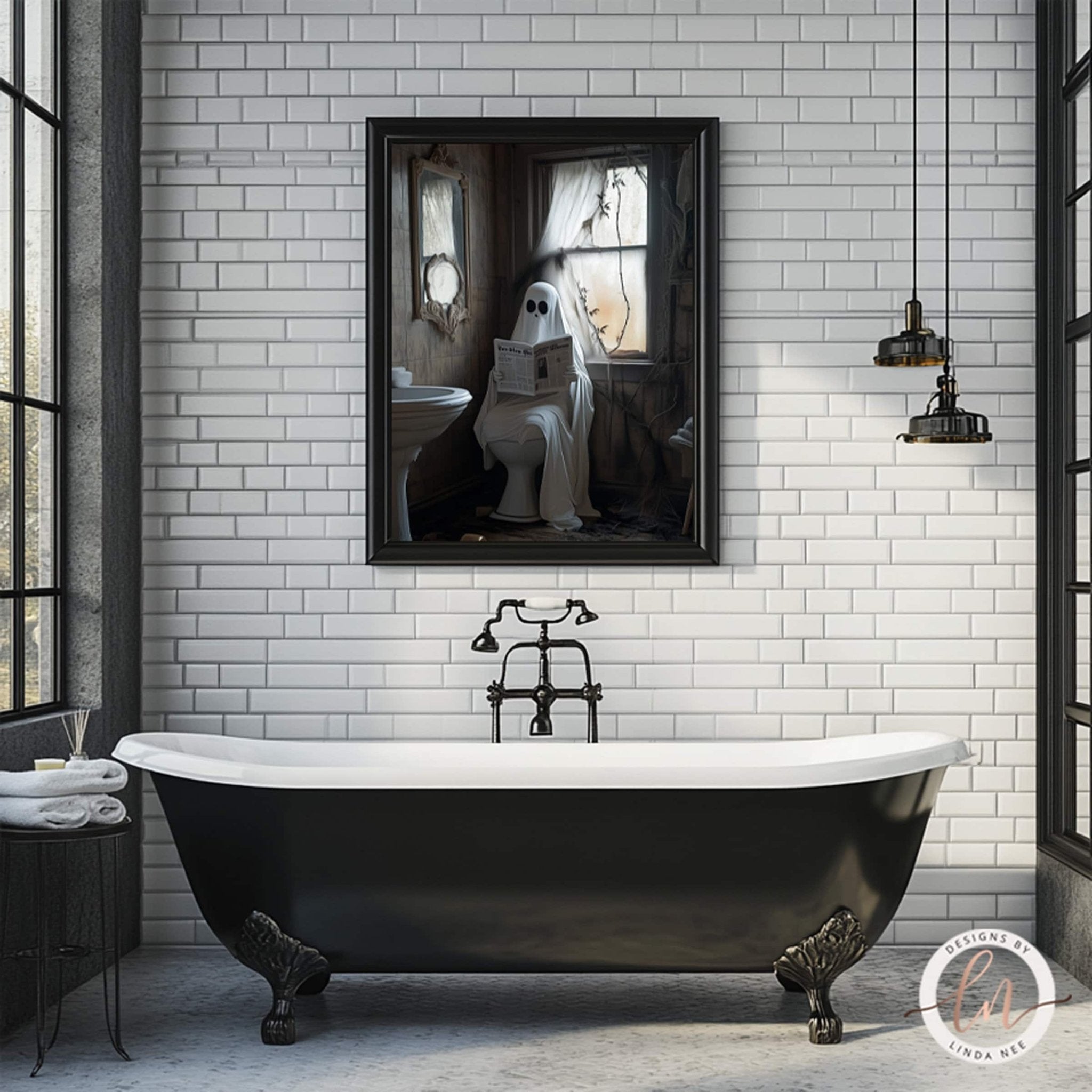 a bathroom with a black clawfoot bathtub, a framed painting of a ghost, and a window with white tiles.