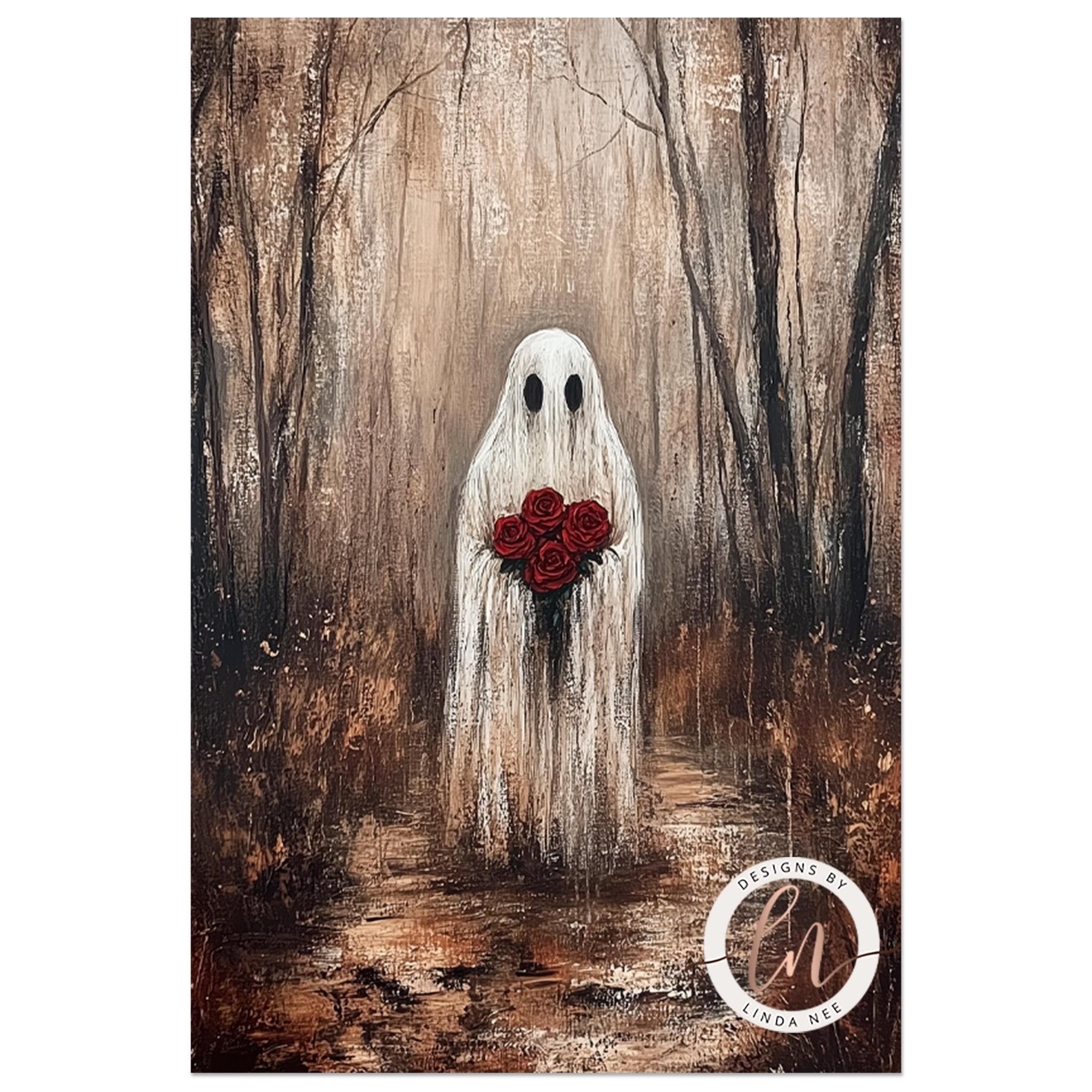 a ghost holding a bouquet of red roses, standing in a forest setting.
