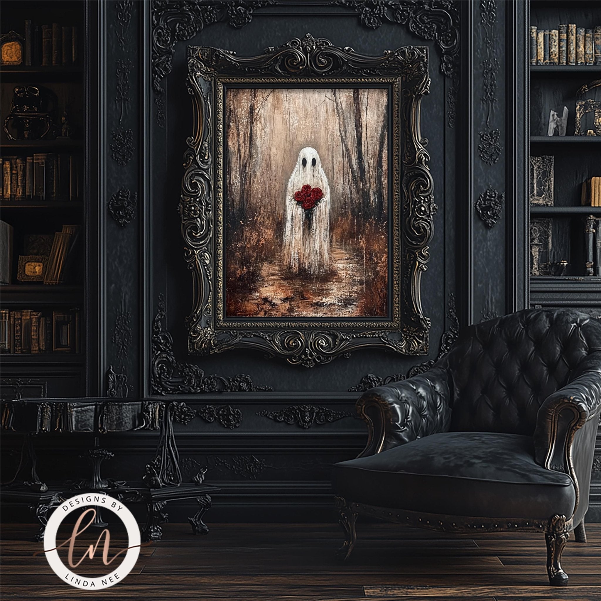 a dark, gothic-style room with a large, ornate painting of a ghost with a red heart in the center. The painting is framed in an elaborate, gilded frame and hangs on a dark wall. In the foreground, there is a black leather armchair, and a bookshelf filled with books can be seen in the background.