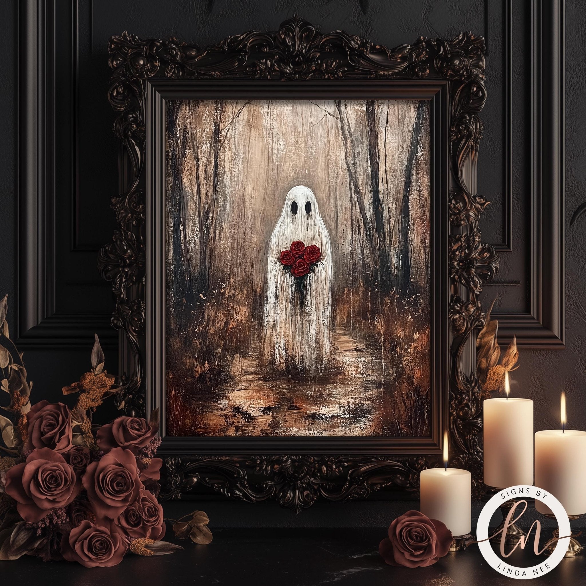 a framed painting of a ghost holding a red rose, surrounded by candles and a bouquet of roses, all set against a dark, moody background.