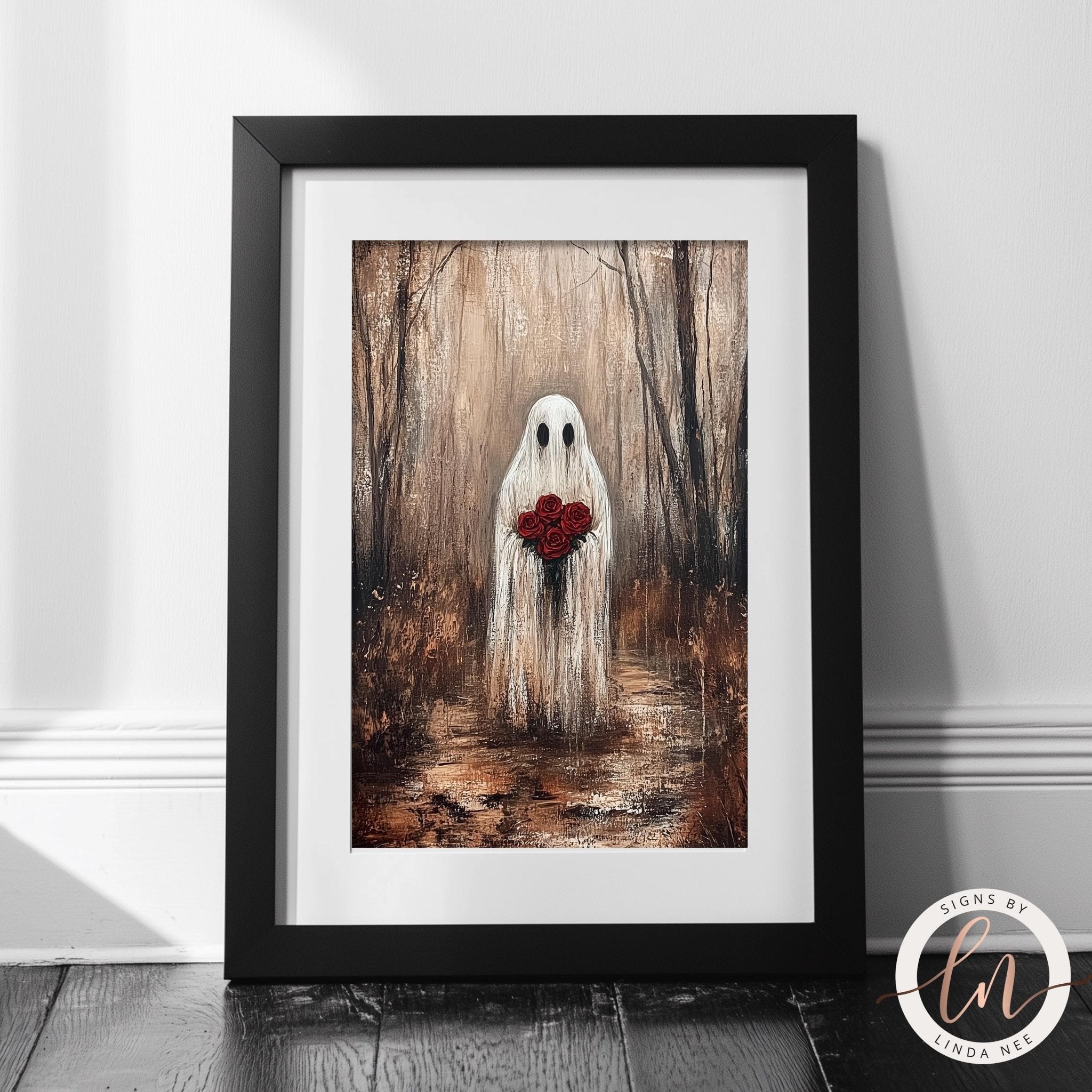 The image is a framed artwork depicting a ghostly figure holding a bouquet of flowers, standing in a forest setting.